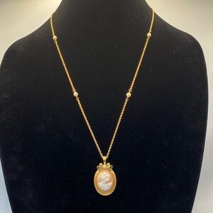 Vintage Avon Pink Cameo Pendant with Gold and Faux Pearl Necklace
